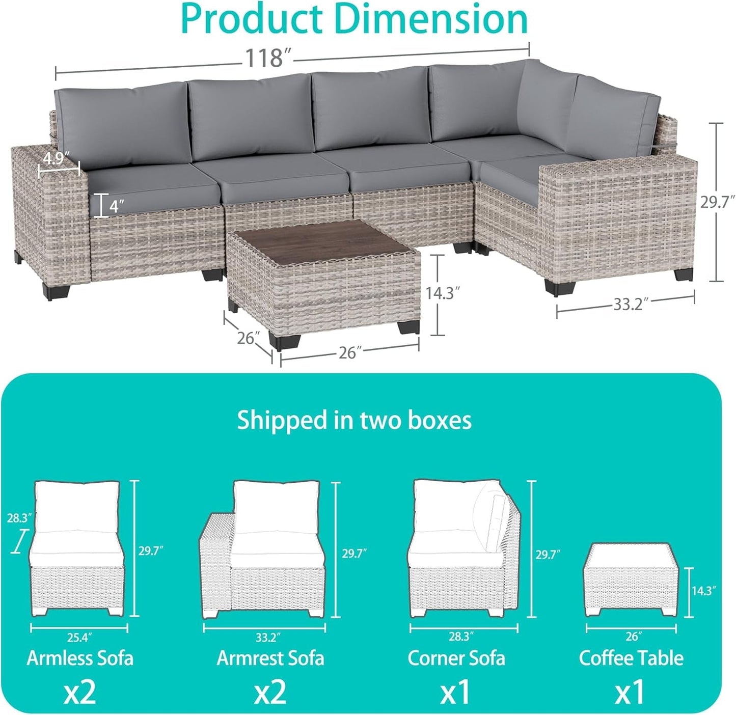 6-Piece Outdoor Patio Furniture Set Wicker Sectional Sofa Set, Patio Conversation Set with Thickened Cushions & Coffee Table for Garden, Backyard, Poolside, Grey-1