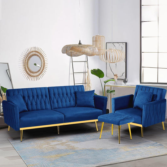 2 Pieces Velvet Futon Sofa Set with Adjustable Backrests and Armrests, 70” Convertible Sofa Bed & Tufted Accent Chair with Ottoman for Living Room, Blue-0