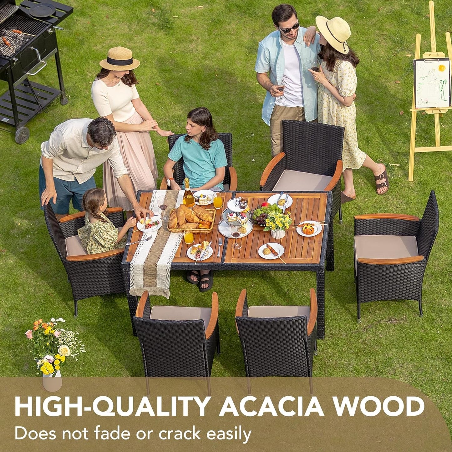 Dining 7 PCS Furniture, Patio Conversation Set with Acacia Wood Table Top, Rattan Outdoor, Black-1