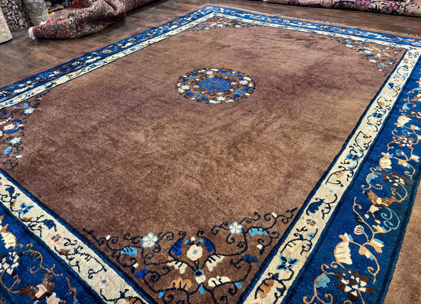 Antique Chinese Wool Rug 9x11, Large Chinese Art Deco Rug, Peking Rug, Brown and Blue, Open Field, Fete Rug