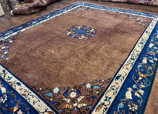Antique Chinese Wool Rug 9x11, Large Chinese Art Deco Rug, Peking Rug, Brown and Blue, Open Field, Fete Rug
