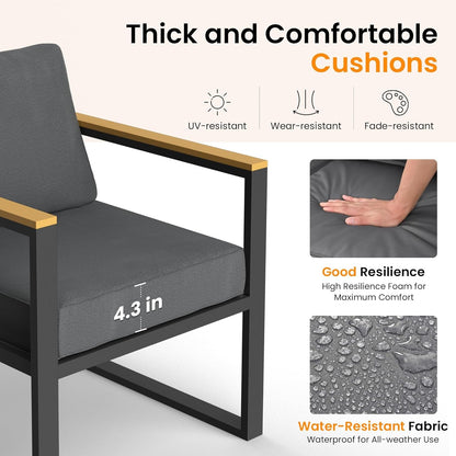 4 Pieces Outdoor Patio Furniture Set, Modern Metal Balcony Furniture with Plastic-Wood Coffee Table, All-Weather Outdoor Furniture Set with Thick Cushion for Balcony, Porch, Gray