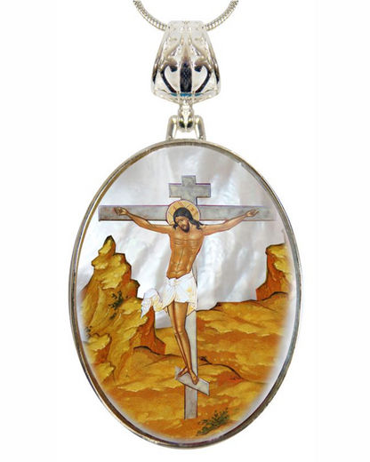 Crucifixion Silver Plated Mother of Pearl Jewelry Necklace - 43058-0