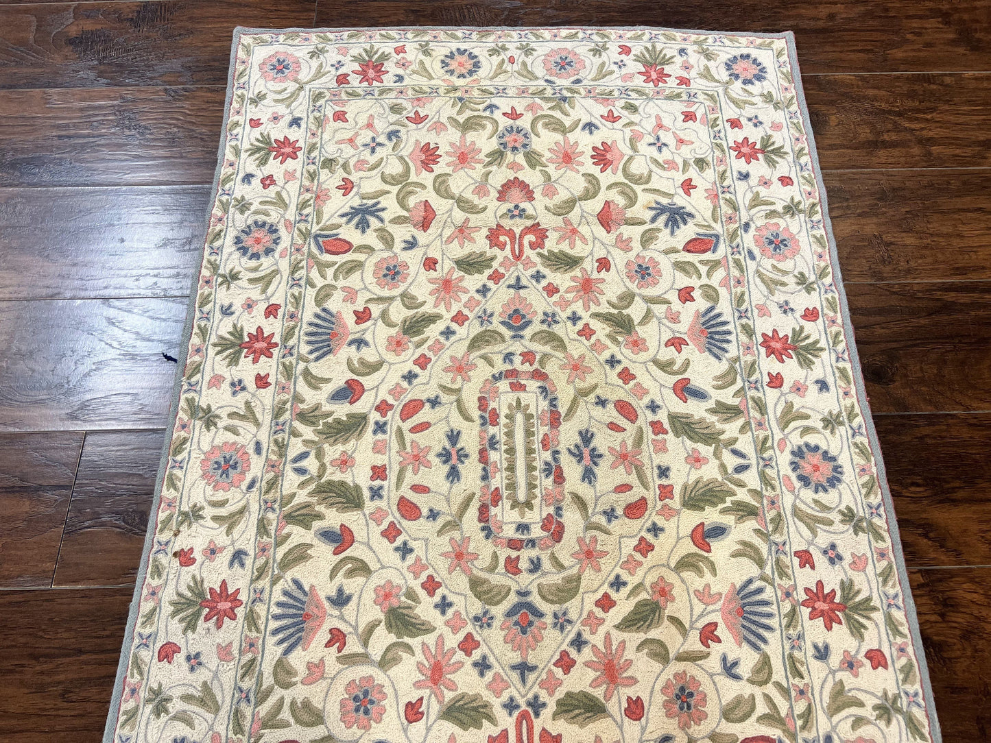 Hand Stitched Indian Rug 4x5, Floral, Vintage Hand Embroidered Rug-1