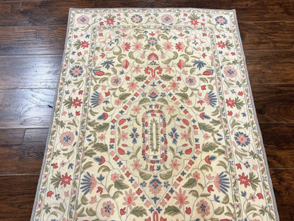 Hand Stitched Indian Rug 4x5, Floral, Vintage Hand Embroidered Rug-1