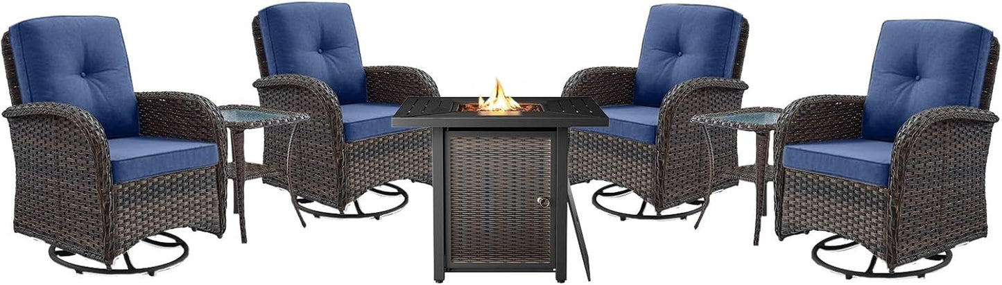 7 Pieces Patio Furniture Set with Fire Pit Table - 4 Outdoor Swivel Rocker Chairs with 50000BTU Propane Fire Table and 2 Side Table, Outdoor Conversation Set for Casual Gathering-0