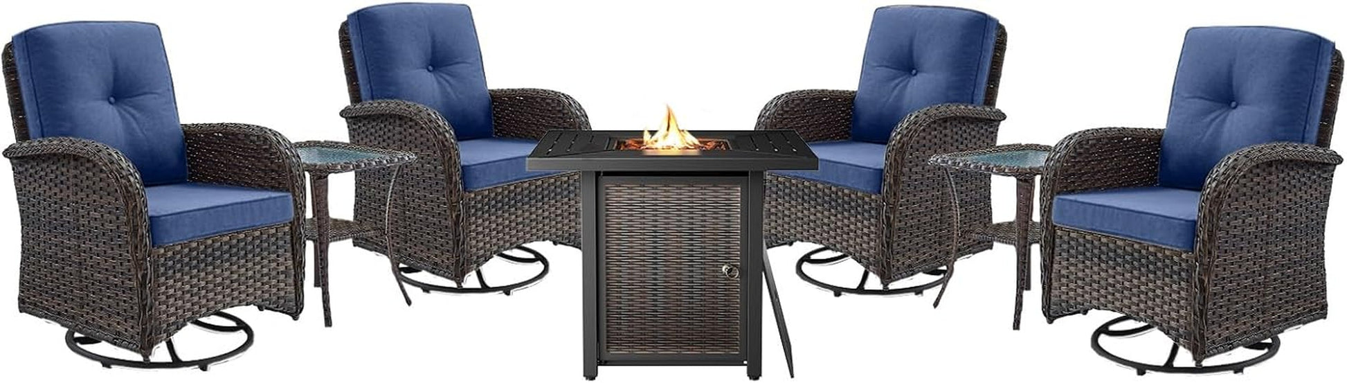7 Pieces Patio Furniture Set with Fire Pit Table - 4 Outdoor Swivel Rocker Chairs with 50000BTU Propane Fire Table and 2 Side Table, Outdoor Conversation Set for Casual Gathering-0