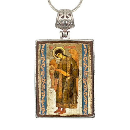 Saint Gabriel Archangel Religious Jewelry Silver Plated Necklace, Gold-Plated Wooden Cabochon - Christian Icon - Inspirational Icon Decor - 43041R