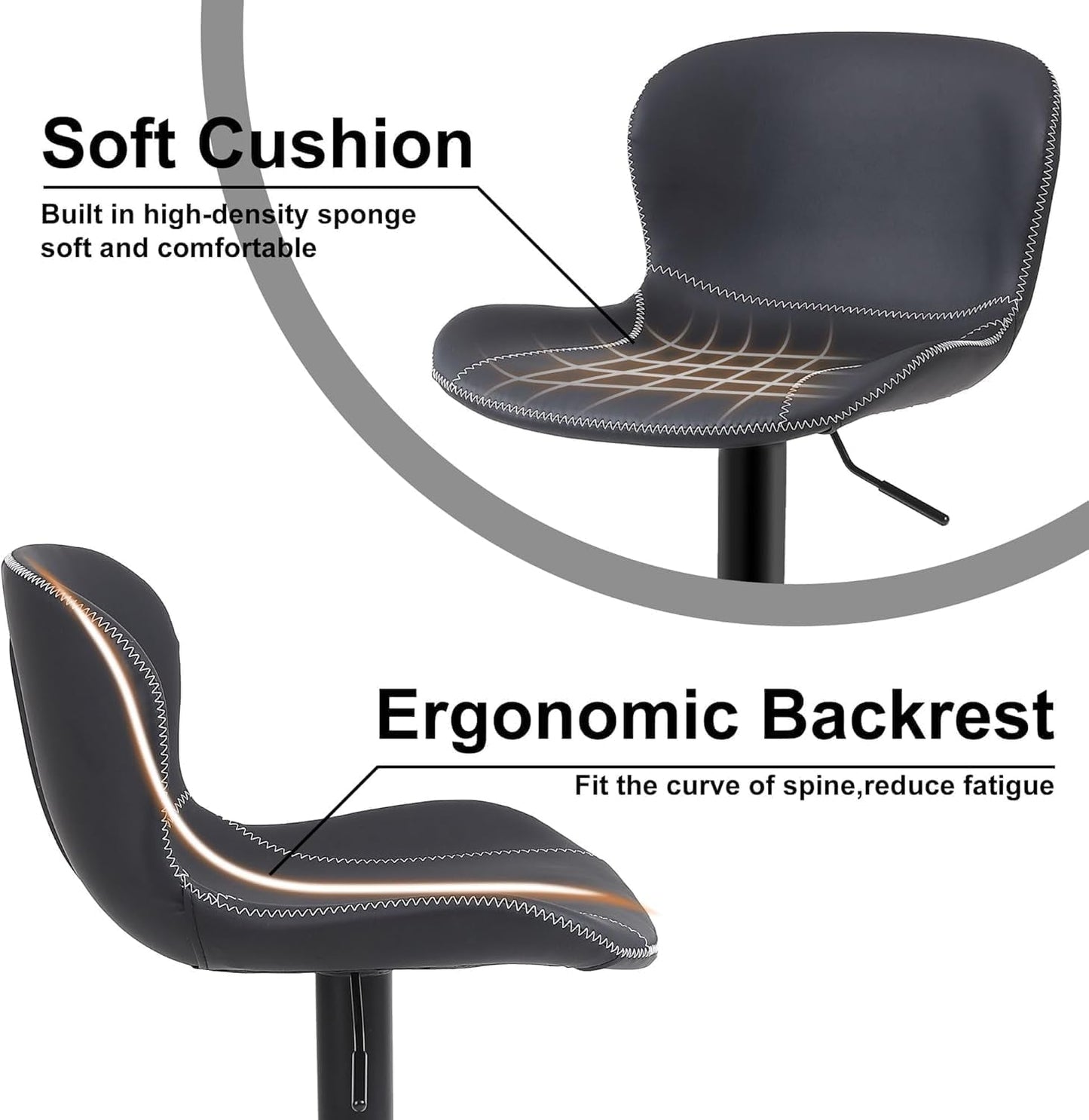 Bar Stools Set of 2, PU Leather Counter Height Barstools with Back, Height Adjustable Swivel Bar Chairs, Modern Armless Kitchen Island Stool, Black-4