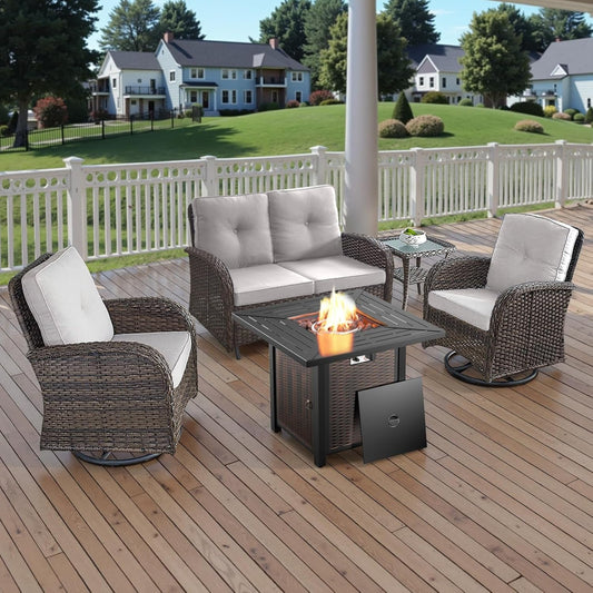 5 Pieces Outdoor Patio Furniture Set with 50000 BTU Propane Fire Pit Table, Deep Seating Wicker Swivel Rocker Chairs and Loveseat Glider Patio Conversation Set for Deck Poolside Backyard Beige-0