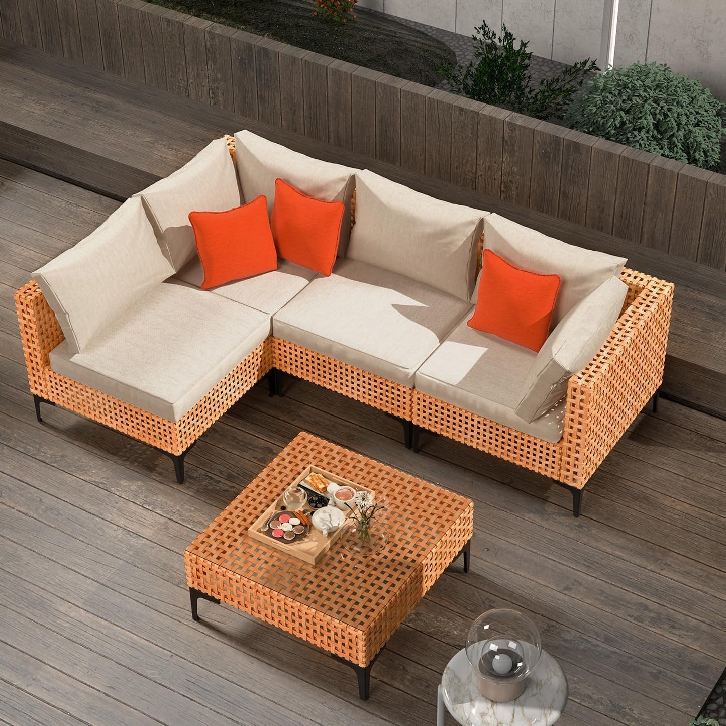 5 Piece Outdoor Patio Furniture Set Modular Outdoor Furniture Set Wicker Outdoor Sectional Sofa with Cushions Table Patio Set for Balcony Porch Deck Yard (Salmon&Orange Wicker, Sand Cushion)