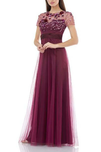 JS Collections Crew Neck Short Sleeve Embellished Bodice Ruched Waist Zipper Back Mesh Gown-0