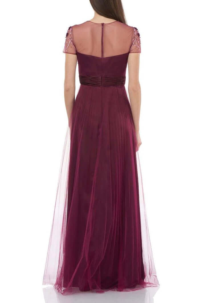 JS Collections Crew Neck Short Sleeve Embellished Bodice Ruched Waist Zipper Back Mesh Gown-1