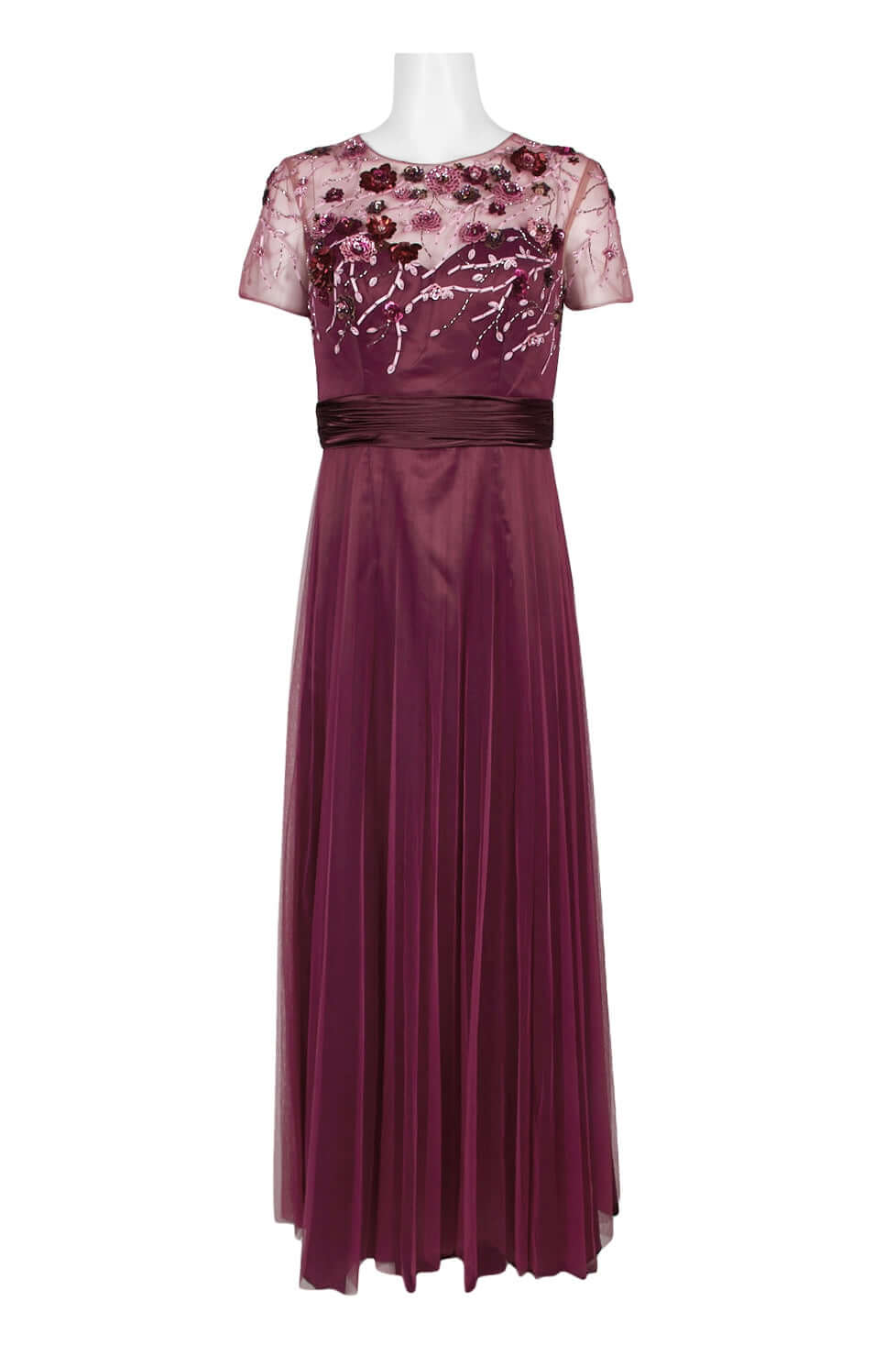 JS Collections Crew Neck Short Sleeve Embellished Bodice Ruched Waist Zipper Back Mesh Gown-2