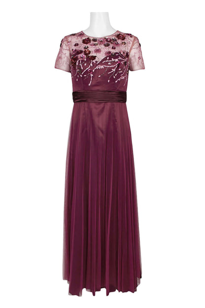 JS Collections Crew Neck Short Sleeve Embellished Bodice Ruched Waist Zipper Back Mesh Gown-2