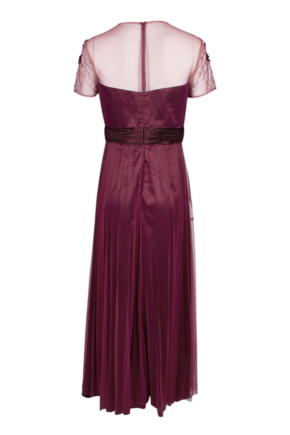 JS Collections Crew Neck Short Sleeve Embellished Bodice Ruched Waist Zipper Back Mesh Gown-3