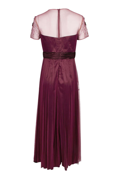 JS Collections Crew Neck Short Sleeve Embellished Bodice Ruched Waist Zipper Back Mesh Gown-3