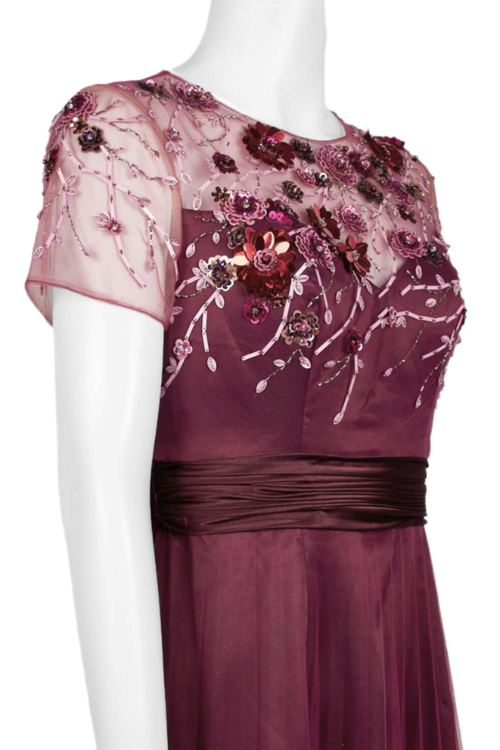 JS Collections Crew Neck Short Sleeve Embellished Bodice Ruched Waist Zipper Back Mesh Gown-4