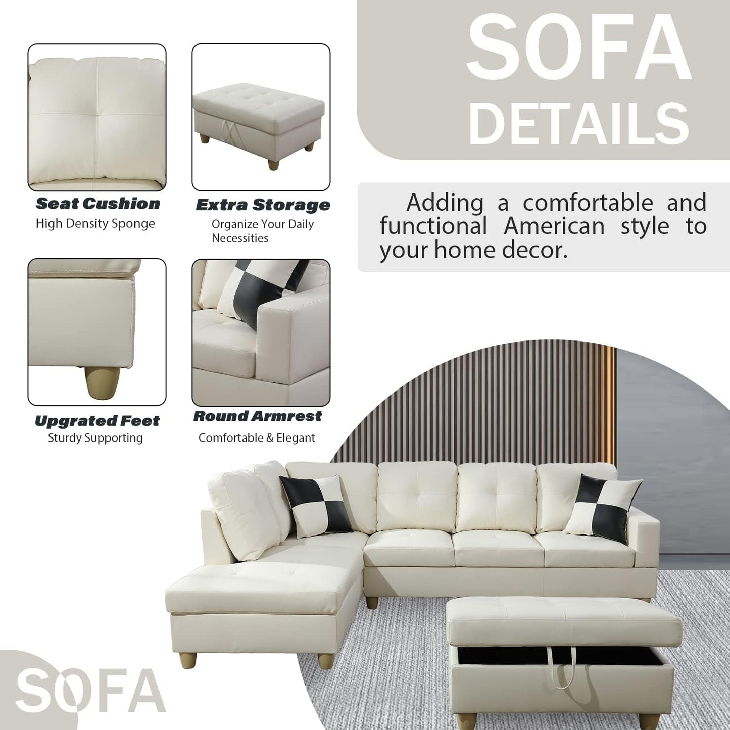 Ponliving Furniture Modern L-Shaped Leather Sectional Sofa Left Hand Facing (White)-4
