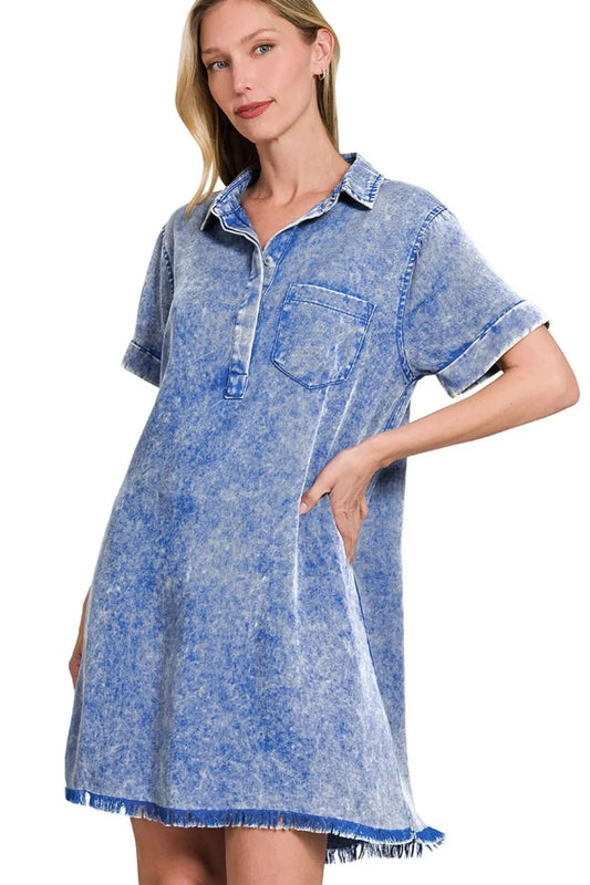 Zenana Tencel Mineral Washed Collared Shirts Dress-0