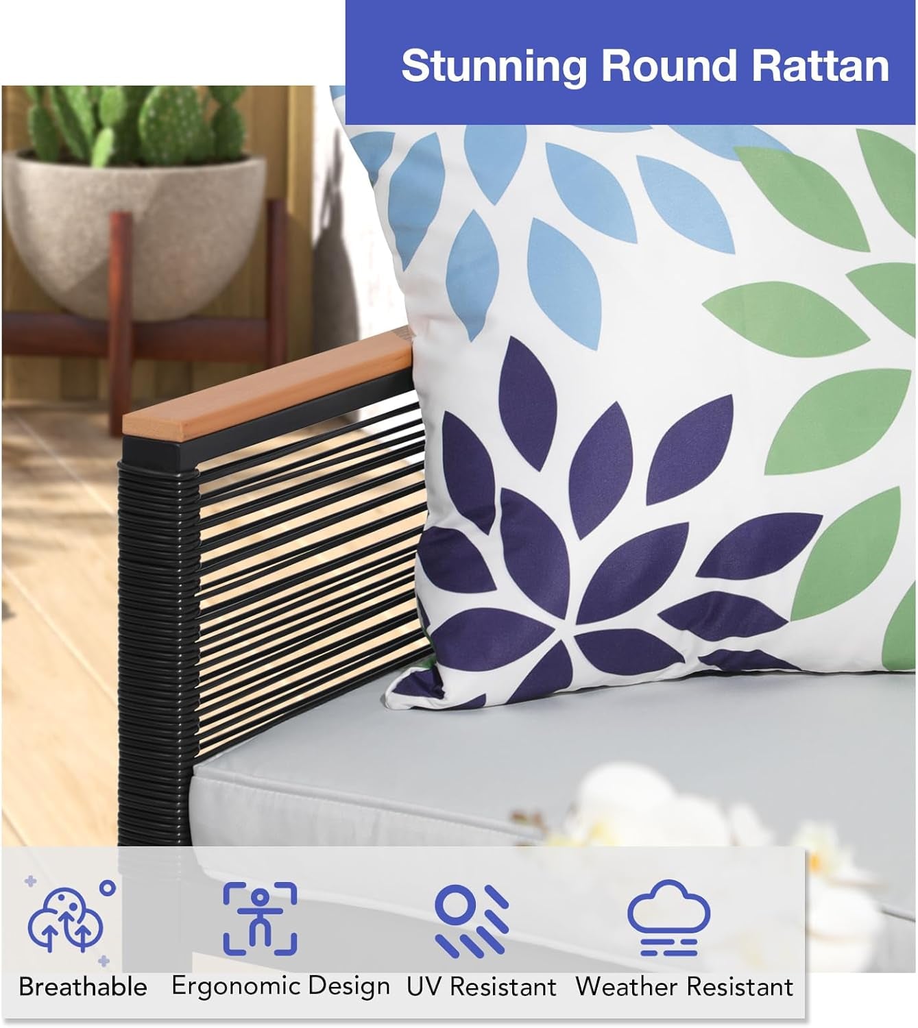 4 Piece Patio Furniture Set, Outdoor Wicker Bistro Set, All-Weather Black PE Rattan Conversation Set W/Coffee Table, Loveseat, Wood-Like Armrest, Cushions for Garden Balcony Deck, Light Grey-3