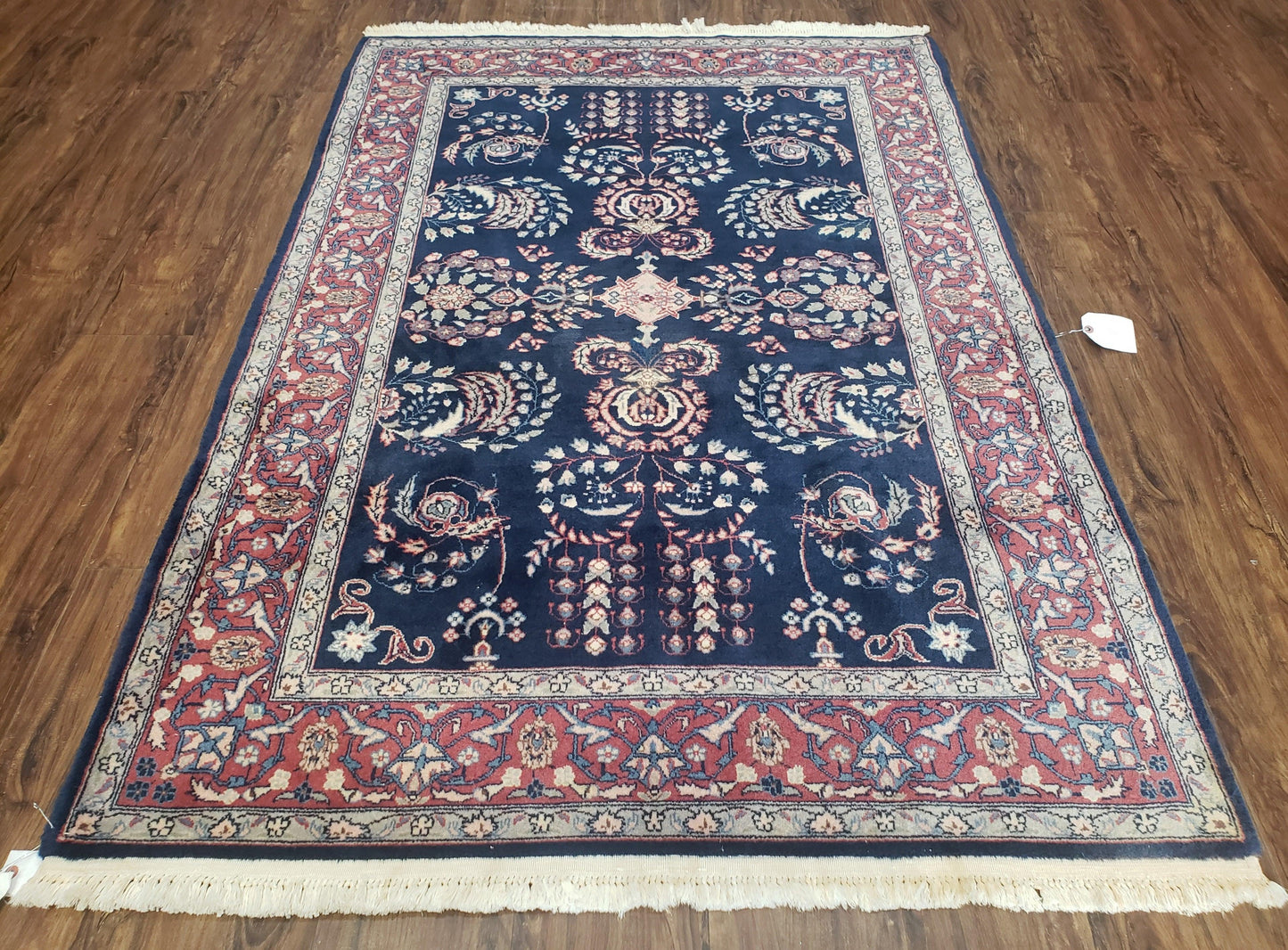 Dark Blue Indo Persian Rug 4x6, Medium Size Hand Knotted Oriental Carpet, Traditional Floral Indian Rug, Blue and Red Entryway Rug, Wool Rug-0