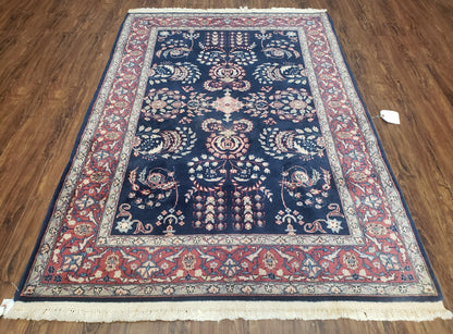 Dark Blue Indo Persian Rug 4x6, Medium Size Hand Knotted Oriental Carpet, Traditional Floral Indian Rug, Blue and Red Entryway Rug, Wool Rug-0