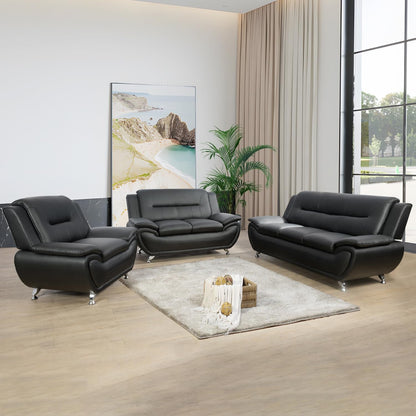 Living Room Furniture Set, Faux Leather Sofa Couch Set, 3 Pieces Modern Sofa Set for Living Room/Apartment/Office (Black)