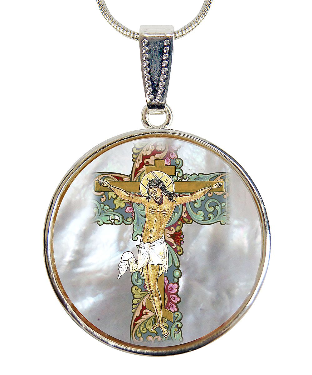 Jesus Cross Silver-Plated Mother of Pearl Necklace Jewelry - 43030-2