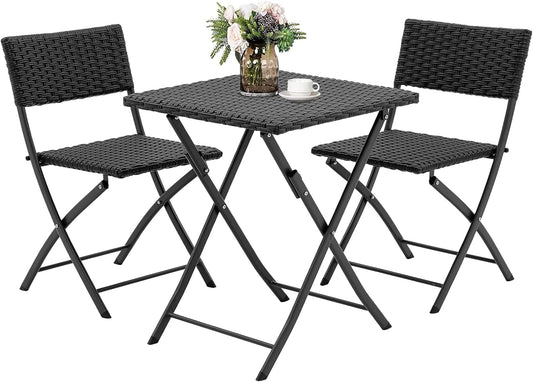 Rattan Patio Bistro Set, 3 Piece Foldable Outdoor Patio Furniture Sets, with Folding Table and Two Chairs, for Garden, Backyard, Pool, Lawn, Porch, Balcony, All Weather Rattan Style (Black)-0