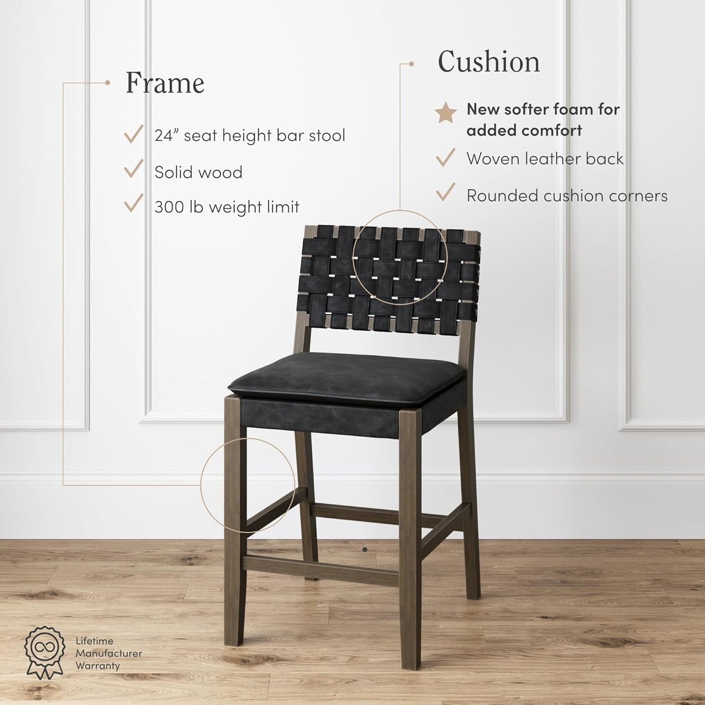 Cohen Mid-Century Modern Leather Bar Stool, Counter Height Chair in Solid Wood Frame with Footrest and Woven Leather Back for Kitchen, Black-3