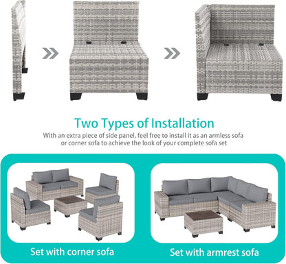 6-Piece Outdoor Patio Furniture Set Wicker Sectional Sofa Set, Patio Conversation Set with Thickened Cushions & Coffee Table for Garden, Backyard, Poolside, Grey-3