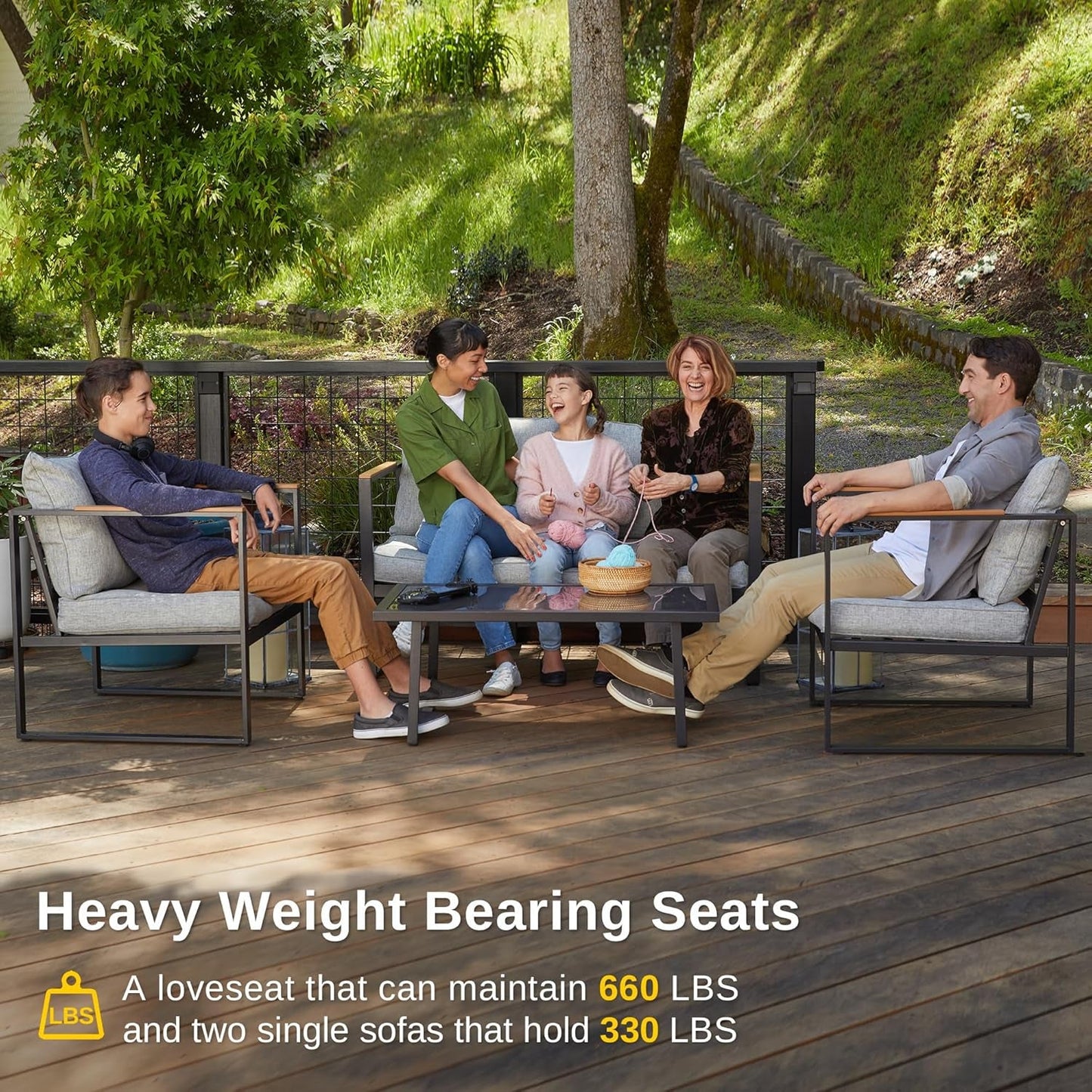 Courtyard Patio Furniture Set, 4-Piece Outdoor Patio Set with Sofa, Removable & Washable Deep Seating Cushion, Tempered Glass Table, outside Patio Conversation Sets, Black & Grey-1