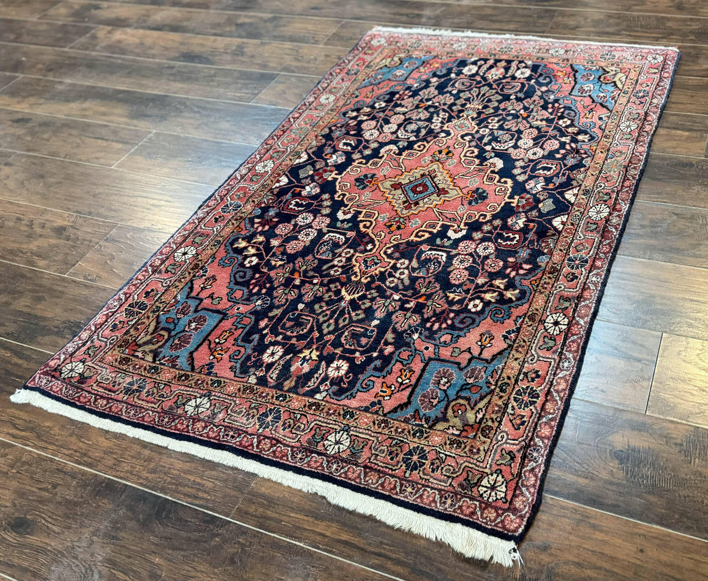Persian Rug 3x5, Jozan Sarouk Rug, Navy Blue and Coral, Medallion Rug, Semi Antique