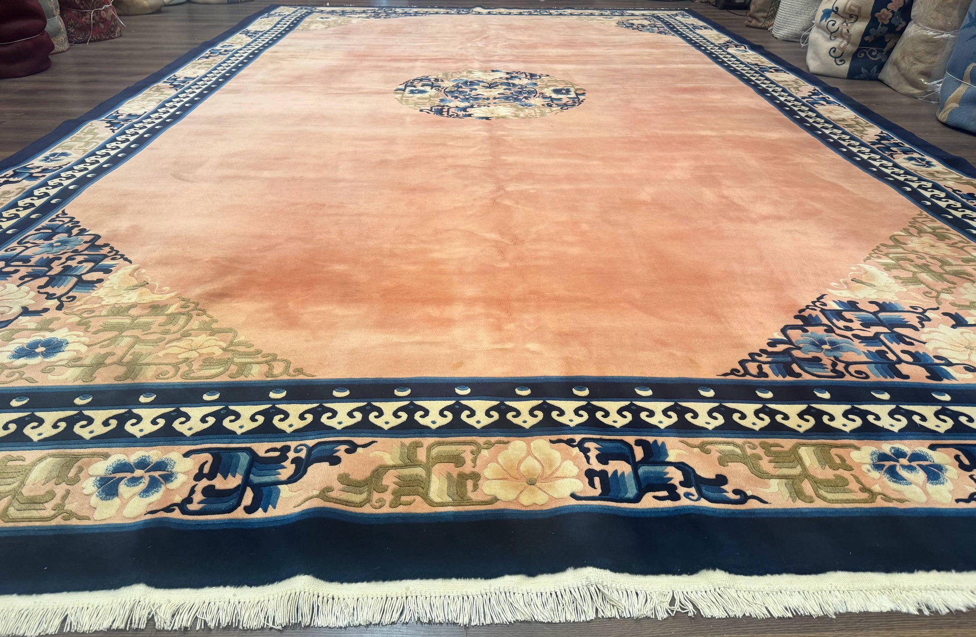 Chinese Wool Rug 11x18, Palace Sized Chinese Carpet, Peking Rug, Peach and Blue, Open Field, Simple Design, Art Deco Rug, Large Handmade Rug-0