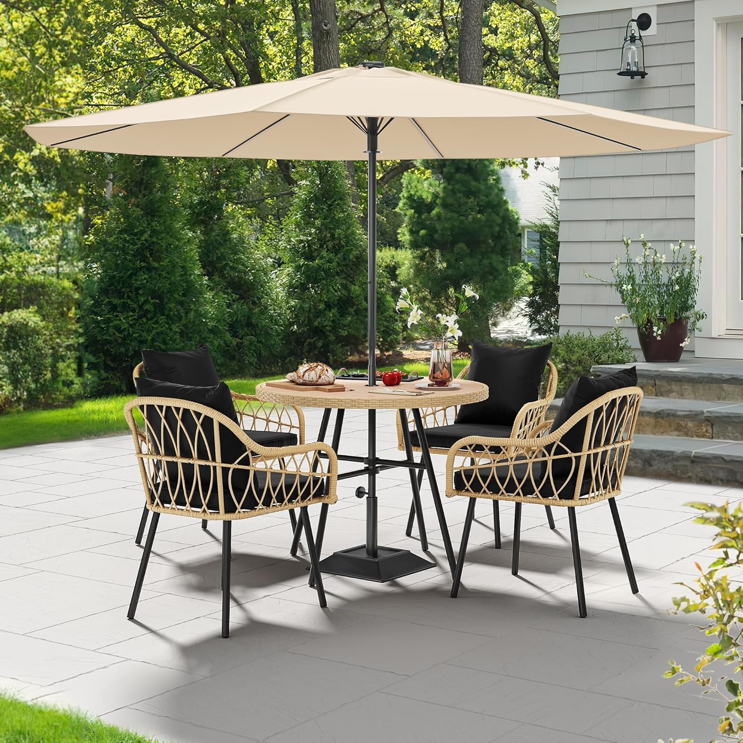 Patio Chairs Set of 4, Outdoor Patio Furniture Dining Chairs, All-Weather Rattan Conversation Chairs with Soft Cushions for Backyard Deck (Light Brown+Black)-2