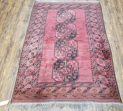 Antique Bukhara Area Rug, Vintage Afghan Bokhara Bashir Rug, 4x6 Hand-Knotted Oriental Carpet, Red & Black Wool Rug, 4' x 5'9-0