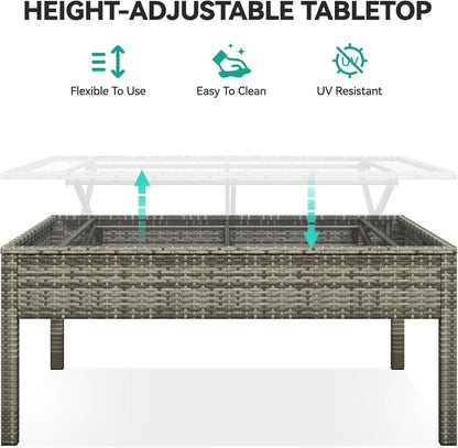 L-Shaped Outdoor Sectional Sofa Set with Adjustable Lift-Top Dining Table, All-Weather Wicker Patio Furniture, Ottoman & Tempered Glass Top, Gray Gradient-4