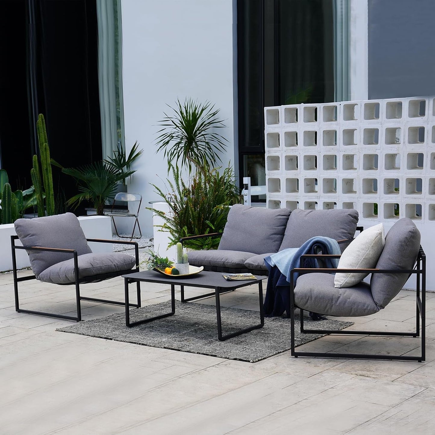 4-Piece Outdoor Furniture Set, Patio Outdoor Sofa with Cushion, Modern Metal Couch with Coffee Table, Outdoor Conversation Set for Porch Deck Balcony Backyard Living Room-0