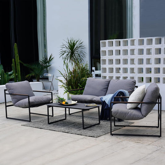 4-Piece Outdoor Furniture Set, Patio Outdoor Sofa with Cushion, Modern Metal Couch with Coffee Table, Outdoor Conversation Set for Porch Deck Balcony Backyard Living Room-0