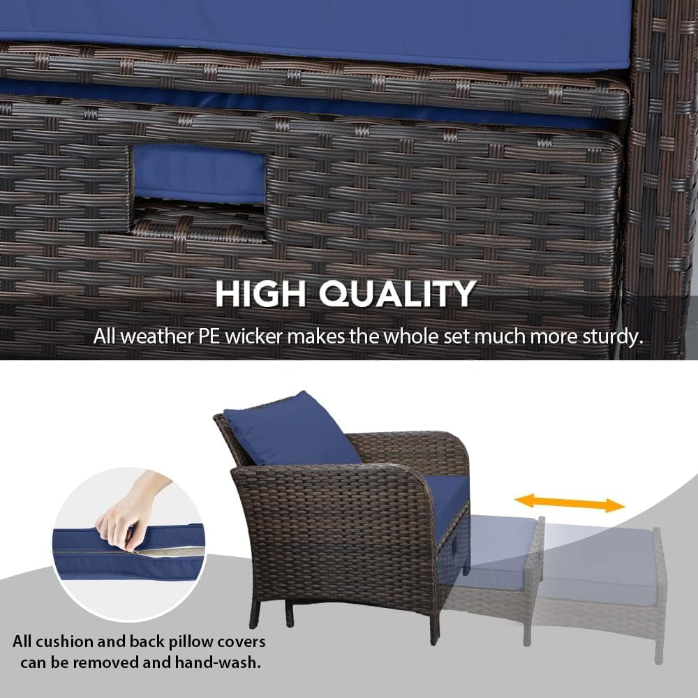 Balcony Furniture 5 Piece Patio Conversation Set, PE Wicker Rattan Outdoor Lounge Chairs with Soft Cushions 2 Ottoman&Glass Table for Porch, Lawn-Brown Wicker-3