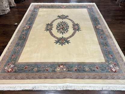 Chinese Carving Rug 8x10, Chinese Wool Carpet 8 x 10, Cream, 120 Line Rug, Vintage Handmade Art Deco Asian Oriental Rug, Aubusson Rug-0
