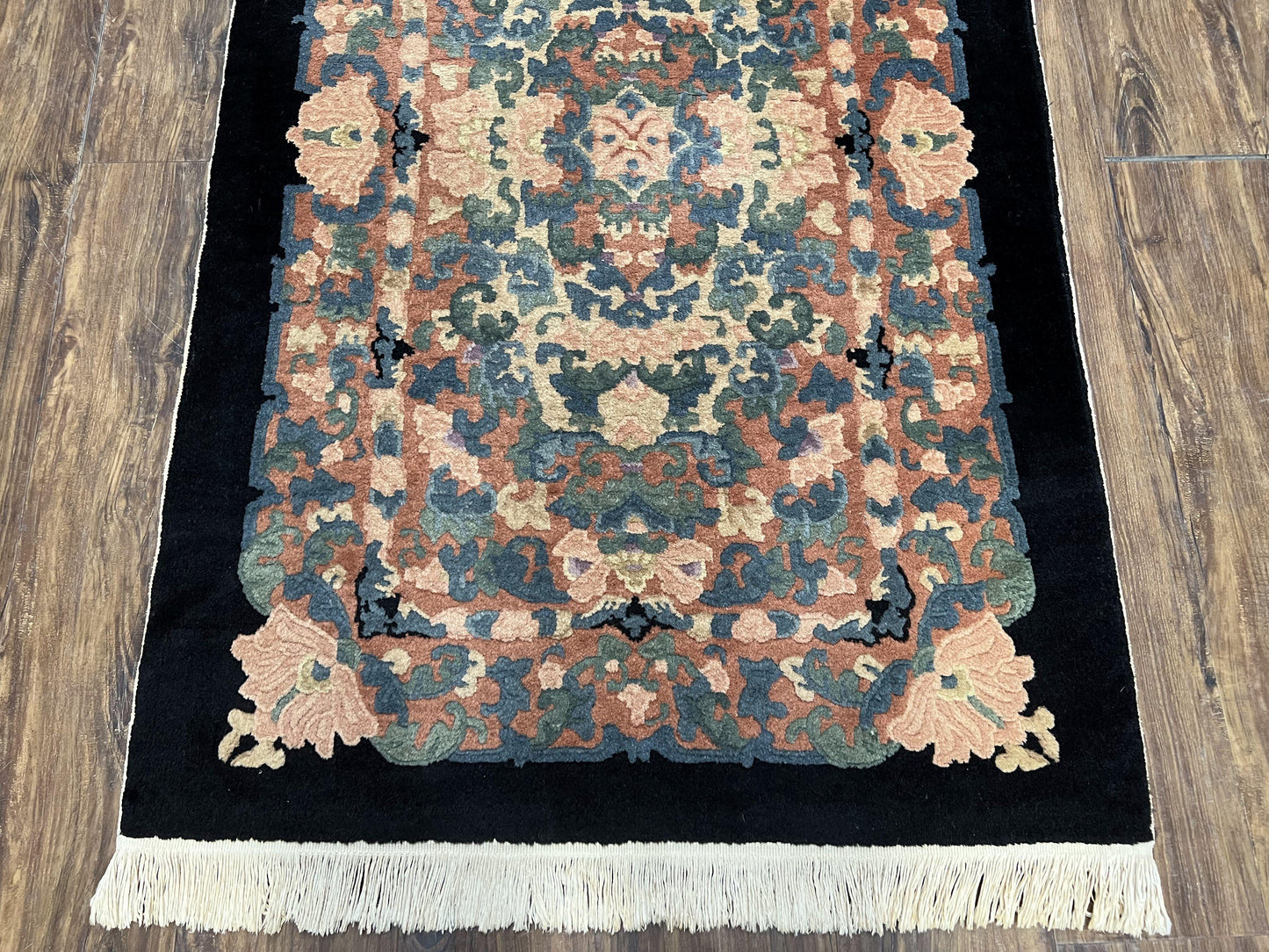 Chinese Art Deco Rug 3x5, Black and Beige Chinese Carpet 3 x 5, Vintage Rug, 1950s Rug, Floral Rug, Handmade Rug, Art Deco Rug, Wool Rug