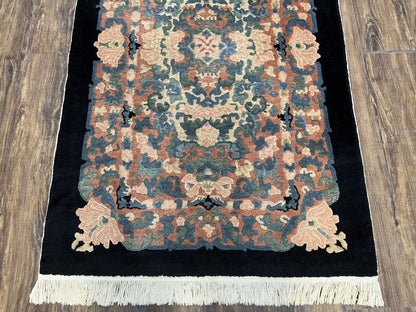 Chinese Art Deco Rug 3x5, Black and Beige Chinese Carpet 3 x 5, Vintage Rug, 1950s Rug, Floral Rug, Handmade Rug, Art Deco Rug, Wool Rug