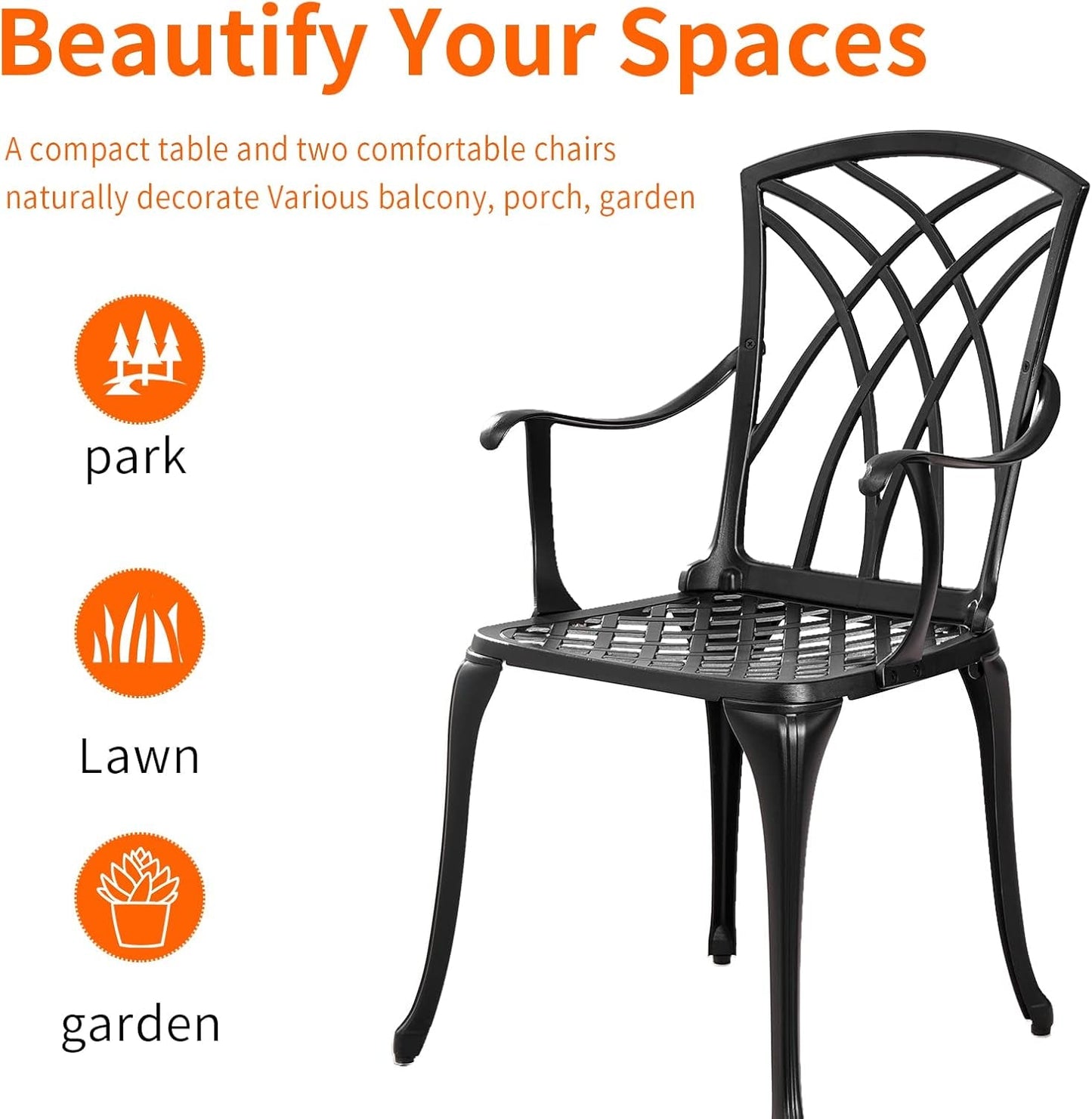 Outdoor 3 Piece Bistro Set Cast Aluminum Bistro Table and Chairs Set of 2, All Weather Bistro Patio Set, Patio Furniture for Garden Black-3