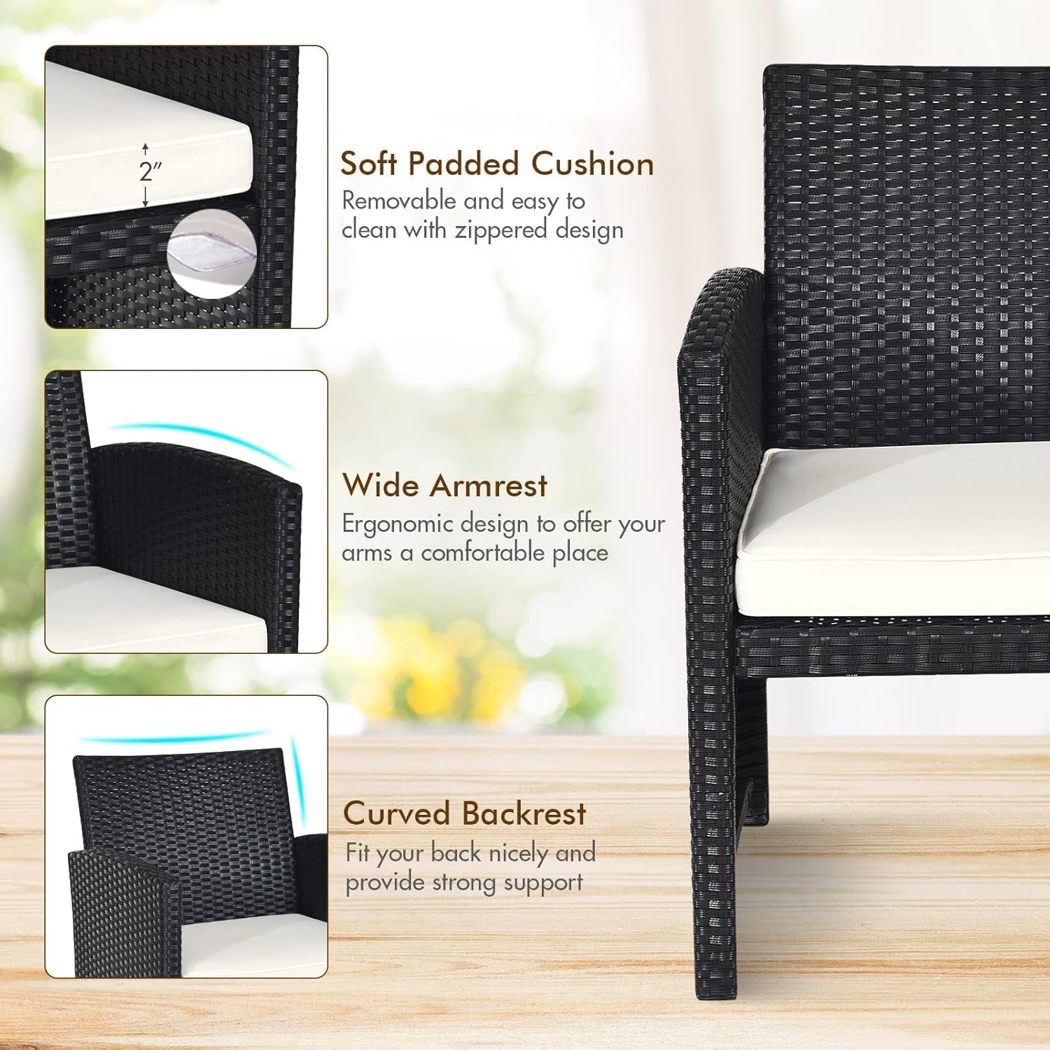 4-Piece Rattan Patio Furniture Set, Outdoor Wicker Conversation Sofa with Weather Resistant Cushions and Tempered Glass Tabletop for Lawn Backyard Pool Garden (White(Black Wicker))-4