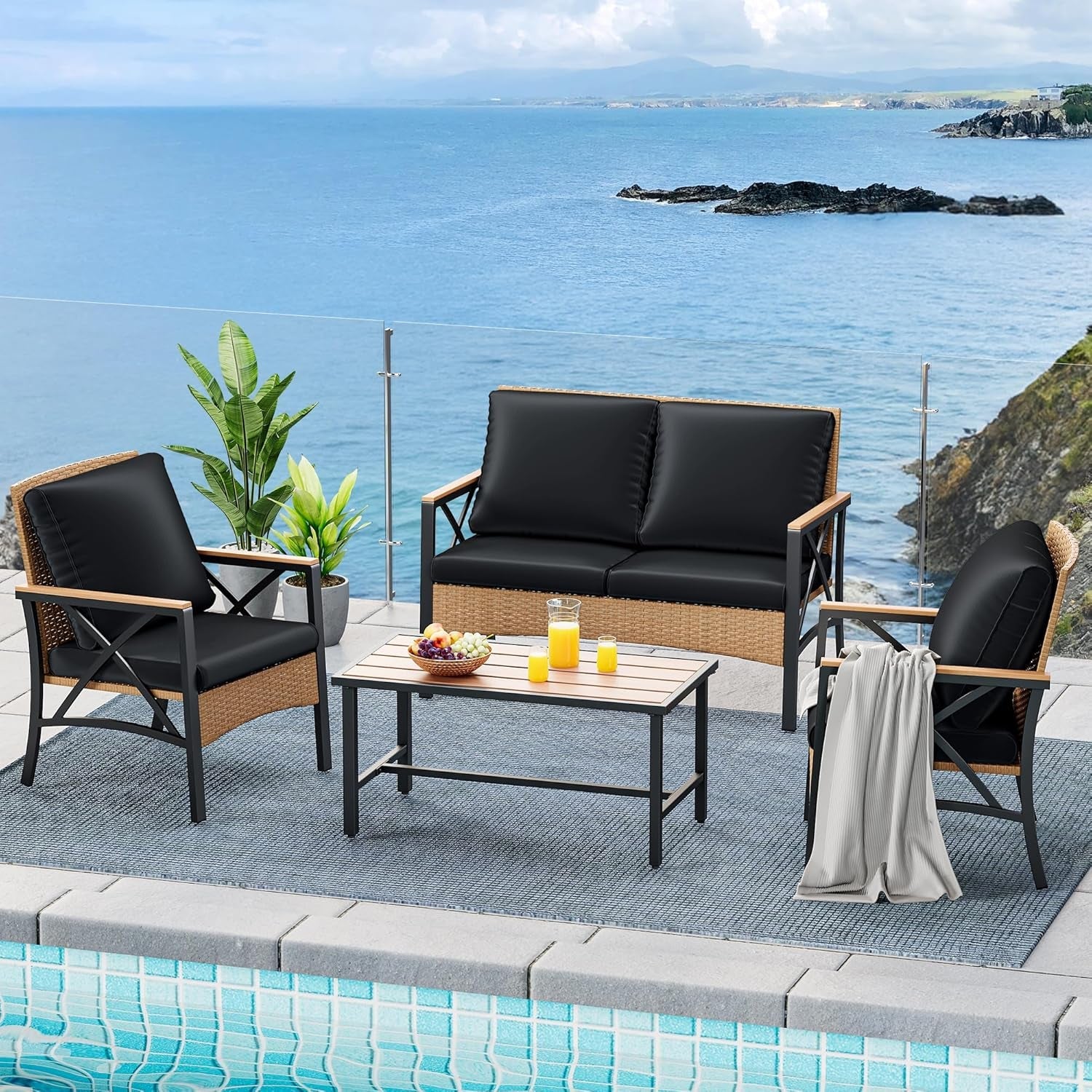 4-Piece Patio Wicker Furniture Set with Wood Armrest, All Weather Rattan Conversation Furniture Sets for Backyard, Balcony, Deck W/Soft Cushions and Plastic Wood Table (Light Brown+Black)-1