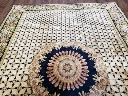 Indian Rug with Tibetan Weave, 6x8 - 6x9 Rugs, Indo-Tibetan Rug, Black and Cream Beige Tan, Floral Border, Soft Rug, Handmade Area Rug, Wool