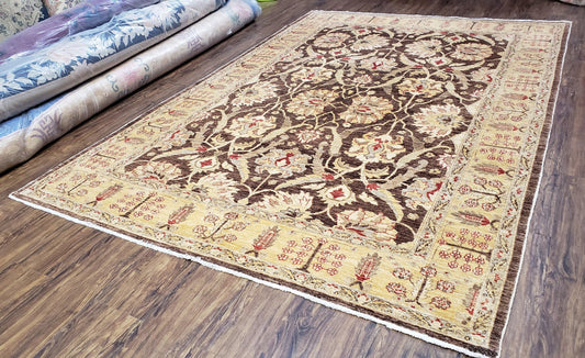 6x9 Vintage Decorative Rug, Brown & Light Gold Peshawar Area Rug, Mahal Sultanabad Hand-Knotted Farmhouse Rug, Wool Carpet, Pak-Persian Rug