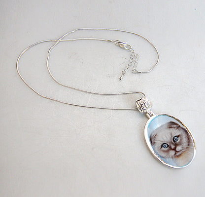 Scottish Cat Silver Plated Mother of Pearl Jewelry Pendant Necklace - 44038O-1